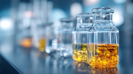 Captivating close-up of luminous golden liquid in clear glass laboratory vials, showcasing scientific research and innovation with a modern, sterile aesthetic.