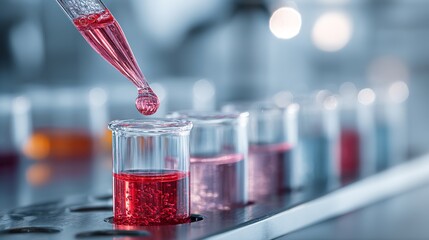 Precise scientific research conducted with liquid samples in laboratory beakers and pipettes, showcasing meticulous experimentation and discovery