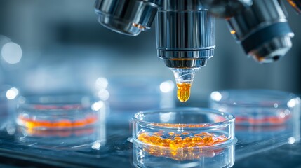 Precision science experiment with liquid drop falling into petri dish, advanced research laboratory setting, scientific discovery underway