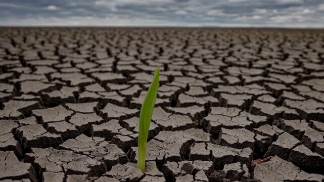 A low-angle shot captures a single green sprout emerging from cracked earth under a cloudy sky, symbolizing hope and resilience. Ideal for a dramatic video.