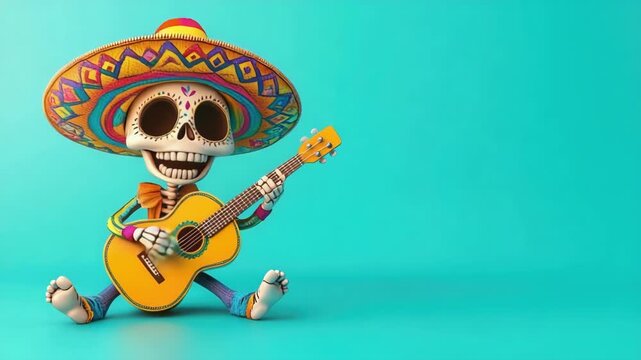 Festive skeleton playing guitar with colorful sombrero on turquoise background. Cinco de Mayo, Battle of Puebla Day, Mexican Heritage Festival - Latin American Cultural Celebration