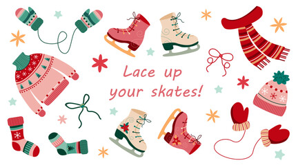 Cozy Christmas fashion elements collection, wool sweater, scarf, gloves, hat, mittens, festive socks, decorative bows, stars and skates, winter holiday vector design for card poster