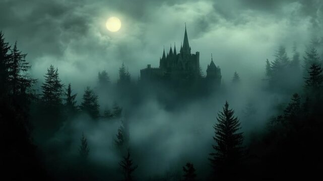 Gothic castle under full moon in misty forest. Halloween, All Hallows Eve, Samhain - Spooky Holiday Season, Fall Festival Celebration