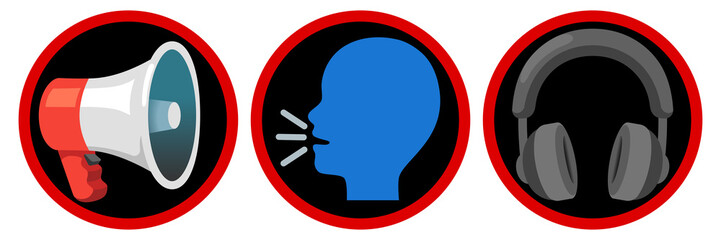 Warning sign showing a megaphone, a blue speaking head, and a pair of headphones.