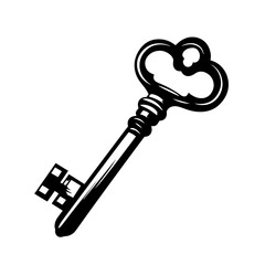 Antique skeleton key silhouette with ornate bow – vintage security symbol for locksmith logo or treasure hunt graphics