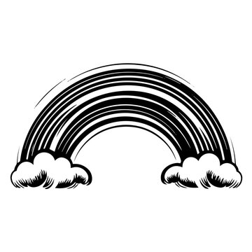 Happy rainbow arch with fluffy clouds silhouette &ndash; uplifting symbol of hope, LGBT pride or weather forecast graphics