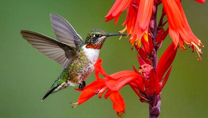 Fototapeta premium A hummingbird hovers delicately, its wings outstretched, amidst vibrant red flowers against a soft green backdrop.