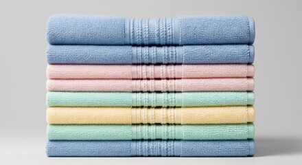 A neatly arranged stack of pastel-colored towels, including blue, pink, green, and yellow, sitting on a light grey surface, creating a soft and calming aesthetic.