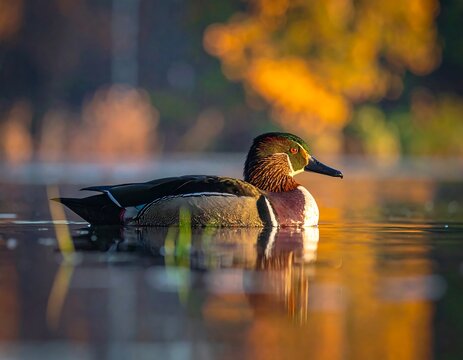 A colorful duck glides on tranquil water, bathed in warm autumn light