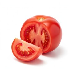 A juicy red tomato cut in half with a wedge removed, showing the vibrant interior and seeds, sitting on a white background with natural lighting that enhance the texture and color of the produce .