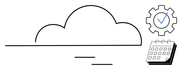 Minimal cloud with gear showing settings, tick mark for success, and calendar for scheduling. Ideal for technology, organization, task management, data storage, cloud services, planning simple flat