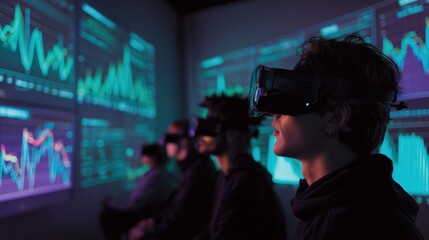 Group of people using virtual reality headsets with digital analytics screens in dark room