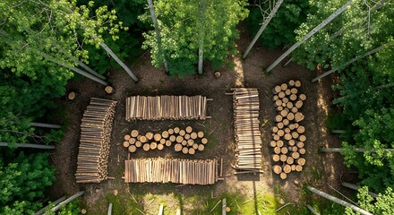 Overhead view of stacked timber logs in a forest clearing with surrounding trees showing nature