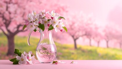 A delicate glass pitcher filled with blossoming  blossoms, set against a soft-focus backdrop of pink cherry blossoms and a springtime landscape.