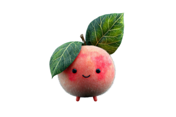 Adorable 3D rendered peach character with leaves,  cute and fuzzy. background removed