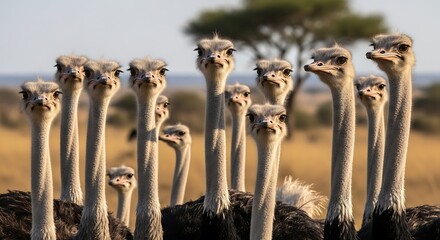 Ostriches Standing Tall in African Savanna.