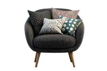 A modern armchair with a dark patterned fabric and several decorative pillows in various patterns. background removed