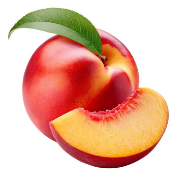 Peach with slice and green leaf isolated on white background
