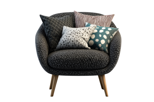 A modern armchair with a dark patterned fabric and several decorative pillows in various patterns. background removed - Powered by Adobe