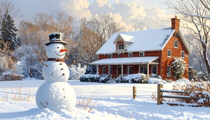 Obraz premium A charming snowman stands guard beside a picturesque winter home, nestled amongst snowy trees.