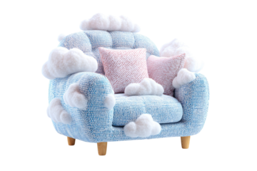 A cozy blue armchair adorned with fluffy white clouds and pink pillows, perfect for relaxation. background removed