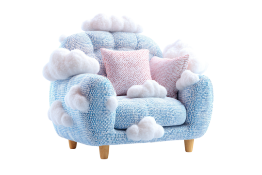 A cozy blue armchair adorned with fluffy white clouds and pink pillows, perfect for relaxation. background removed - Powered by Adobe
