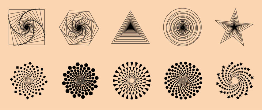 Collection of abstract geometric shapes transformed into dynamic spiral and optical patterns
