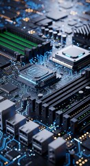 Close-up of a computer motherboard's intricate circuitry, showcasing the CPU and various components. Glowing blue accents highlight the technological complexity.