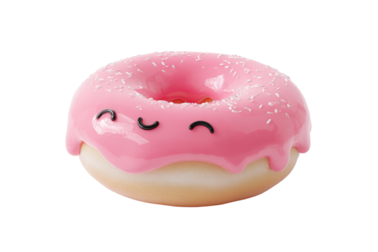 A cute, pink glazed donut with sprinkles and a smiling face, isolated on a transparent background. background removed - Powered by Adobe