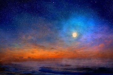 Fototapeta premium A breathtaking, celestial panorama of a city skyline kissed by a vibrant sunrise, a luminous moon, and a star-dusted night sky.