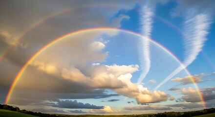 Spectacular celestial vision, double rainbow arc with soft clouds and vapor trails painting