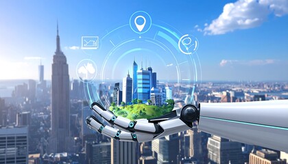 A robotic hand holds a miniature city model, surrounded by a transparent sphere displaying futuristic urban planning data, set against a blurred cityscape.