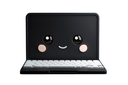 A cute, smiling black laptop with a white keyboard, rendered in 3D against a transparent background. background removed