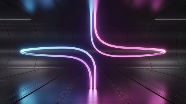 Neon blue magenta beam splitting in metallic futuristic space – Ideal for advanced technology visuals, cyber design, or abstract art