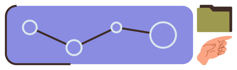 Line graph with nodes showing connections, open folder, pointing hand. Ideal for analytics, project planning, data organization, workflow management, strategy, collaboration simple flat metaphor