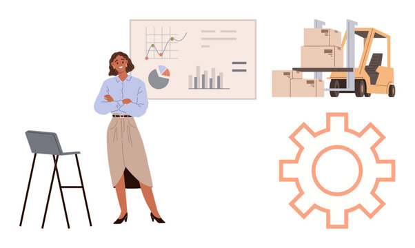 Businesswoman standing confidently near analytics board, forklift moving boxes, and gear icon. Ideal for supply chain, logistics, analytics, management, planning operations industry themes. Simple