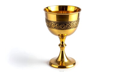 A golden chalice, intricately decorated with decorative patterns, stands out against a plain white background.