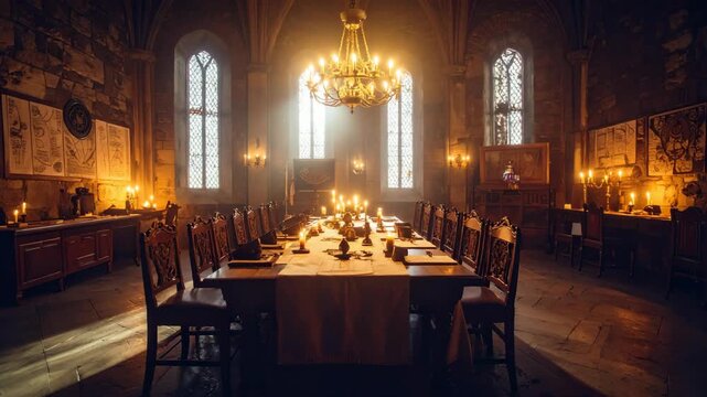 Illuminated dining hall with banquet table, candelabras and chairs for a lavish and elegant dinner event in castle architecture.