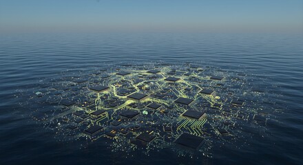 Circuit board floating on water surface representing digital ocean concept