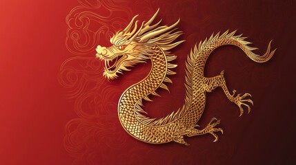 Fototapeta premium A golden Chinese dragon with intricate details against a red gradient background.