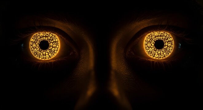 Glowing eyes filled with social media icons in a dark and mysterious portrait