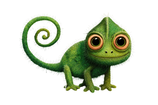 Adorable cartoon chameleon with a spiral tail, large eyes, and fuzzy green texture. background removed - Powered by Adobe