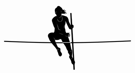Dynamic female pole vaulter silhouette clearing the bar. Track and field athlete in action, high jump illustration.