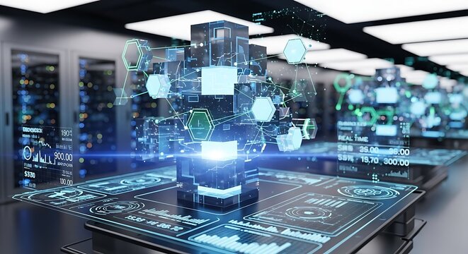 Futuristic Data Center Visualization with Holographic Interface and Geometric Network.
