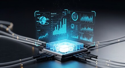 Futuristic Data Hub Glowing Chip with Holographic Revenue and Growth Analytics Display.