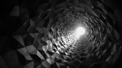 Interior view of a geometric tunnel structure with triangular facets and bright light