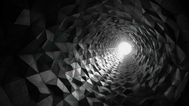 Interior view of a geometric tunnel structure with triangular facets and bright light