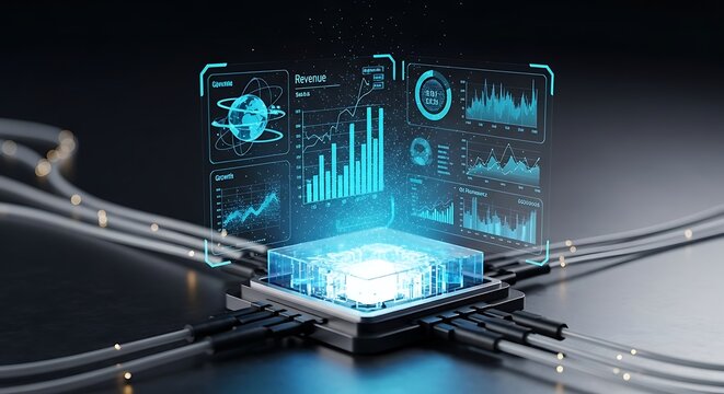 Futuristic Data Visualization Glowing Processor with Business Analytics Display.