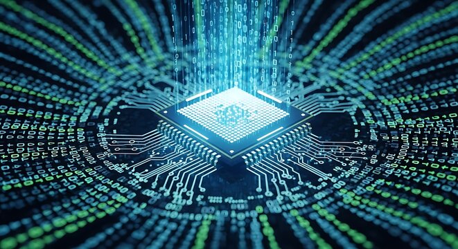 Futuristic Microchip Processing Digital Data Streams with Binary Code and Circuitry.