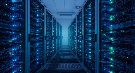 Futuristic Server Room Corridor with Glowing Blue and Green Lights Data Center Aisle.
